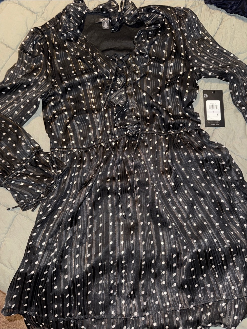 BCBG Black and White Polka Dot Long Sleeve Ruffle Midi Dress NWT